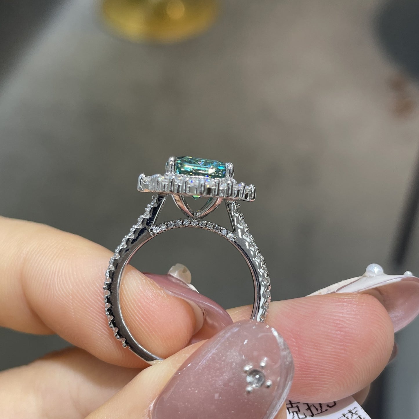 Green Moissanite Halo Ring, 8x10mm 4 Carat Emerald Cut, S925 Gold-Plated Ring for Women product image