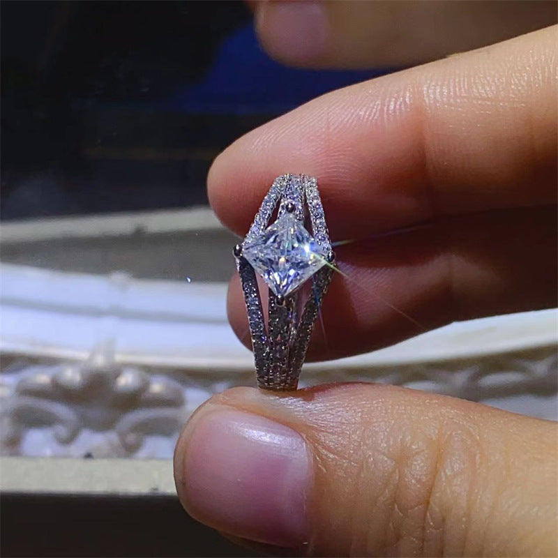 Princess Cut Moissanite Ring for Women, Split Shank Pavé Engagement Ring, U Shape Promise Ring product image