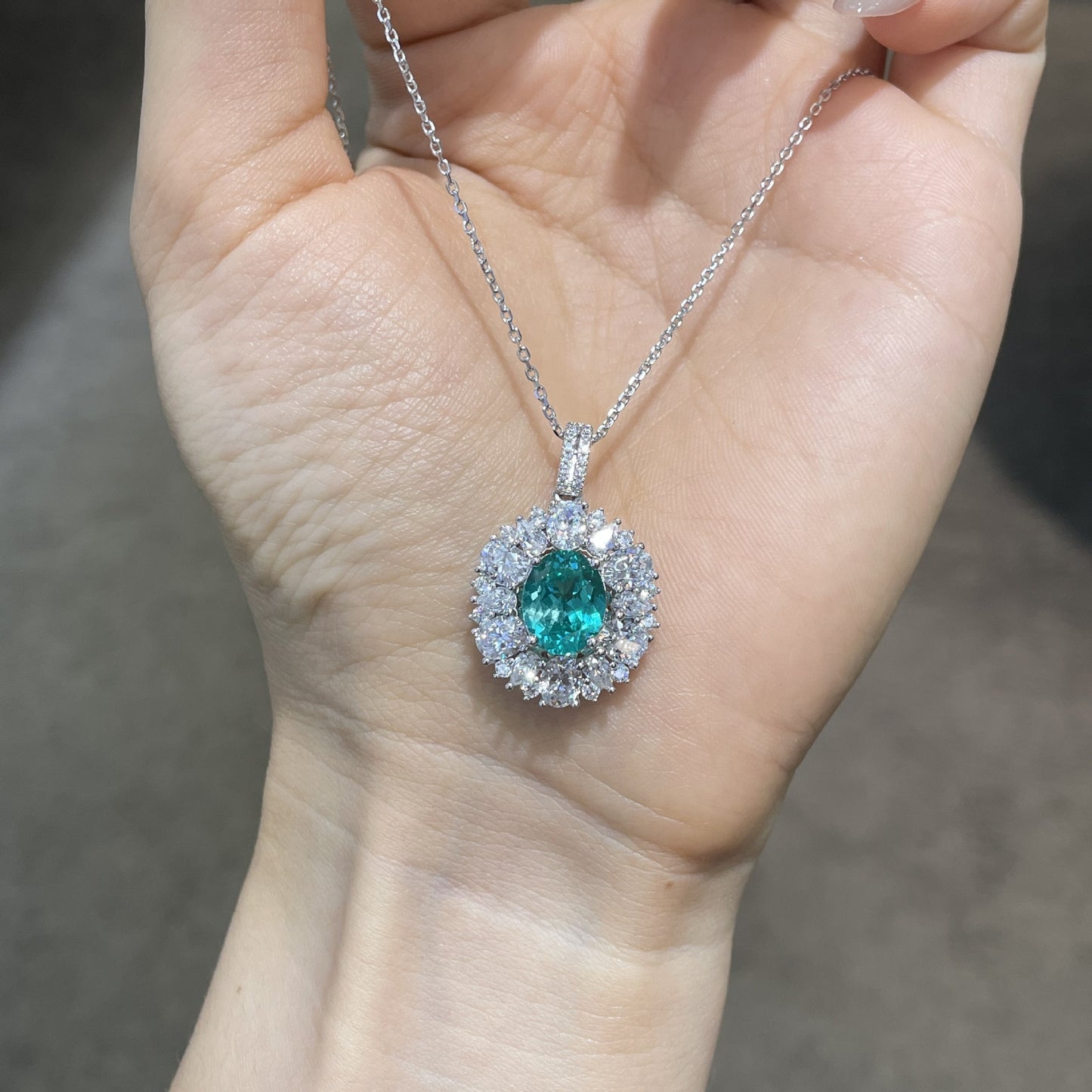Oval Teal Halo Pendant Necklace, 925 Silver Chain, Elegant Gift Box Jewelry product image