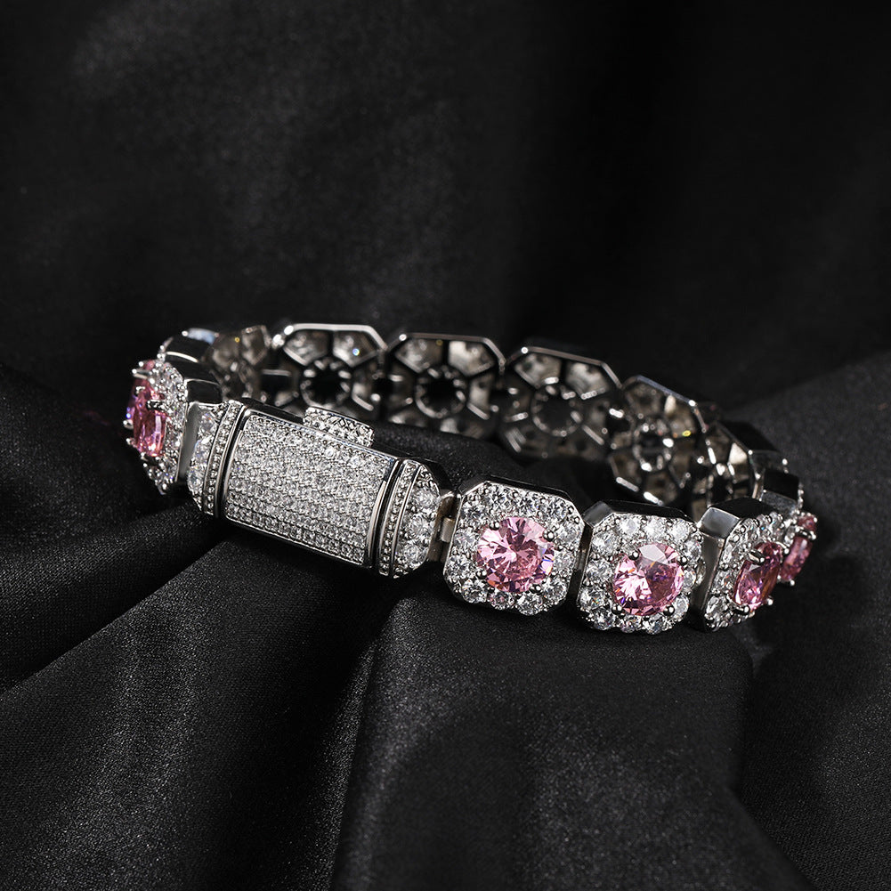Unisex Silvery Square Link Cubic Zirconia Statement Bracelet - Pink, Purple or Yellow Stone Chain Bracelet