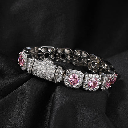 Unisex Silvery Square Link Cubic Zirconia Statement Bracelet - Pink, Purple or Yellow Stone Chain Bracelet