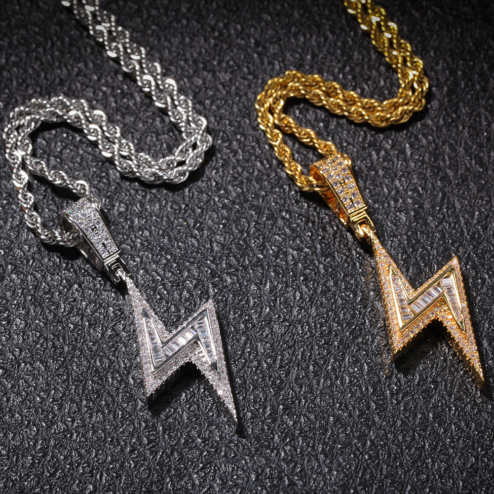 Lightning Bolt Cubic Zirconia Pendant Necklace for Women – Hip Hop Statement Chain in Gold or Silver Tone