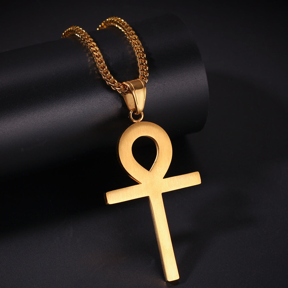 Minimalist Gold Plated Stainless Steel Ankh Pendant Necklace with Cubic Zirconia Chain for Women & Men