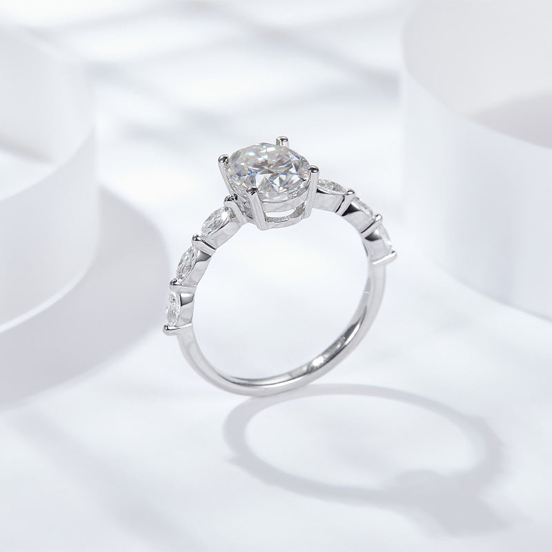 Oval Moissanite Ring for Women, Four-Prong Solitaire Ring with Marquise-Style Side Stones product image