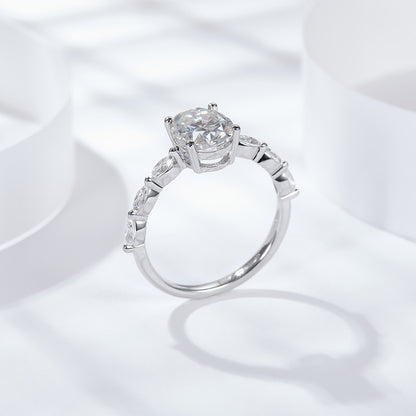 Oval Moissanite Ring for Women, Four-Prong Solitaire Ring with Marquise-Style Side Stones