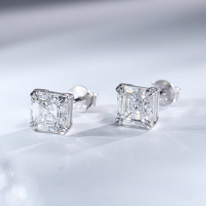 2 Carat Asscher Cut Moissanite Stud Earrings, 925 Silver, D Color, Unisex Square Sparkle