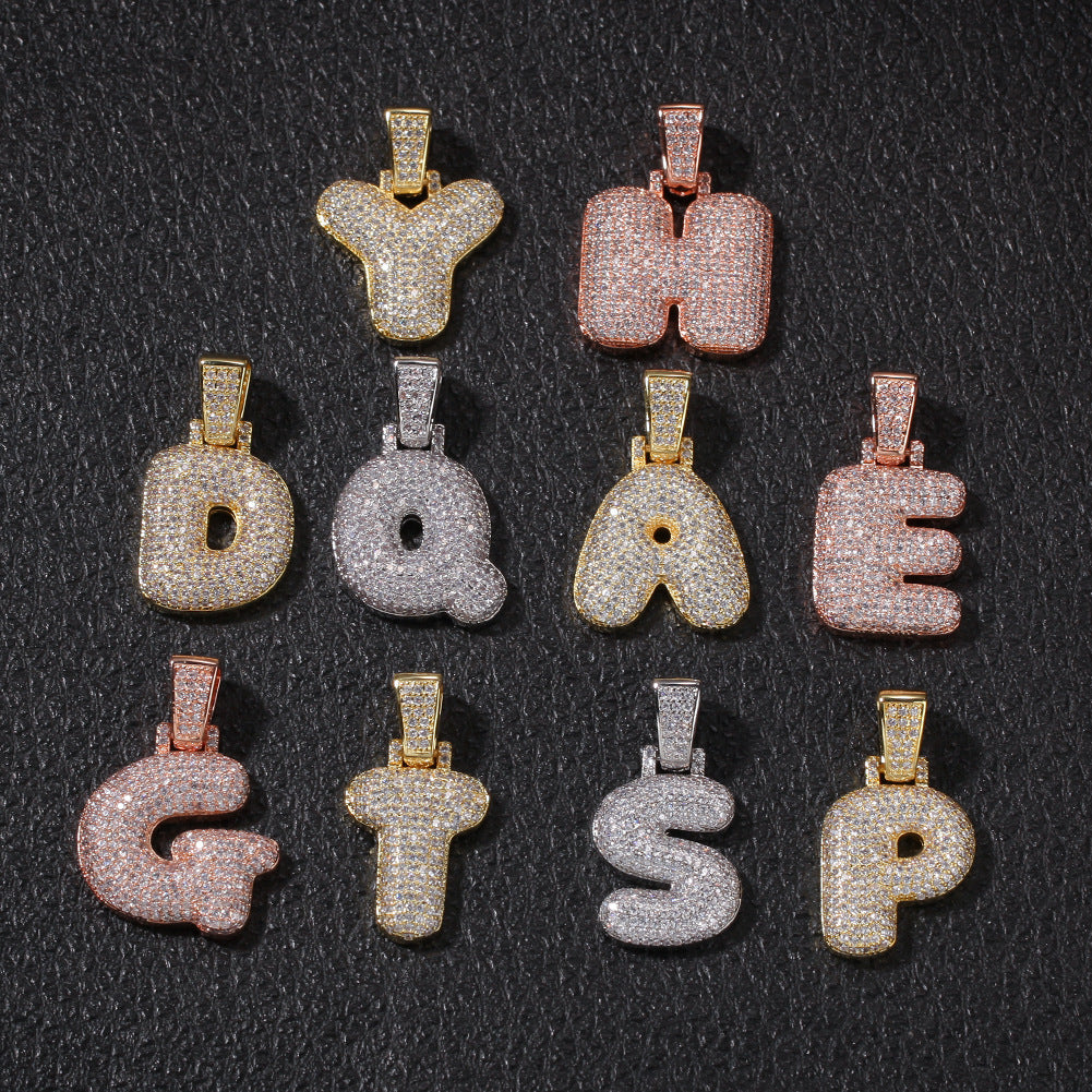 Unisex Bubble Letter Pendant Necklace with Cubic Zirconia, Gold Silver Rose Gold Initial Charm on 60cm Cuban Chain