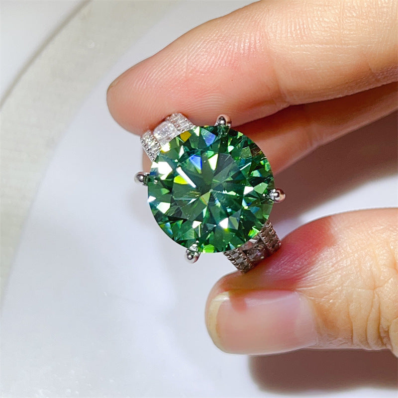 Green Moissanite Ring with Triple Row Pavé Band, U-Shape Statement Engagement Ring product image