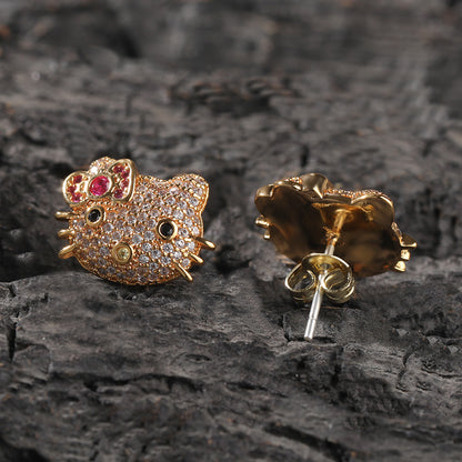 Cute Cartoon Cat Cubic Zirconia Stud Earrings for Women in Gold or Silver Tone