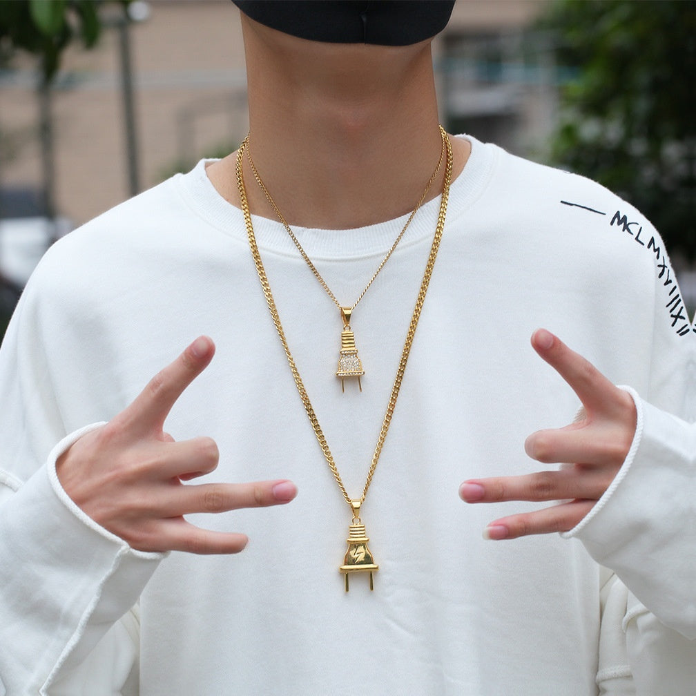 Asymmetrical Stainless Steel Plug Pendant Necklace with Cuban Chain for Women and Men product image
