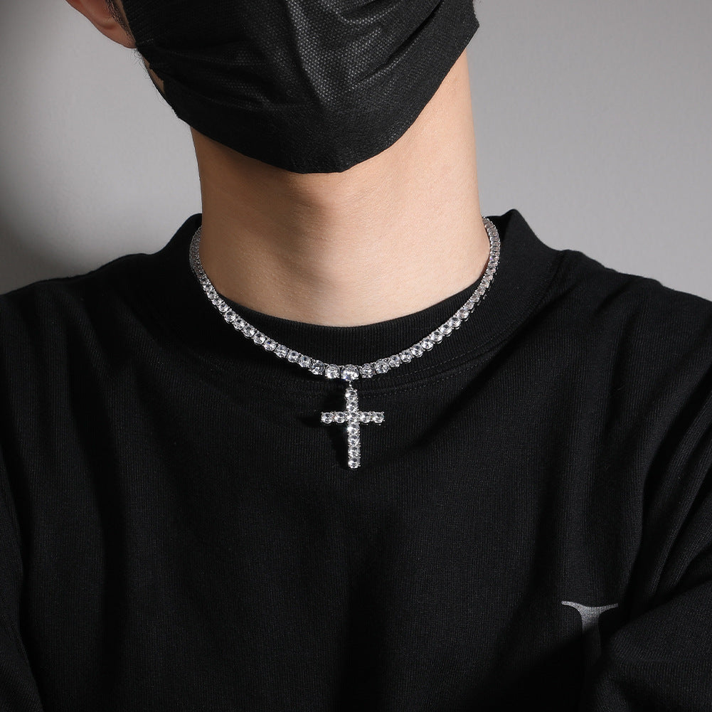 Unisex Cubic Zirconia Cross Pendant Necklace in Gold or Silver Tone - Minimalist Statement Chain 16in/18in