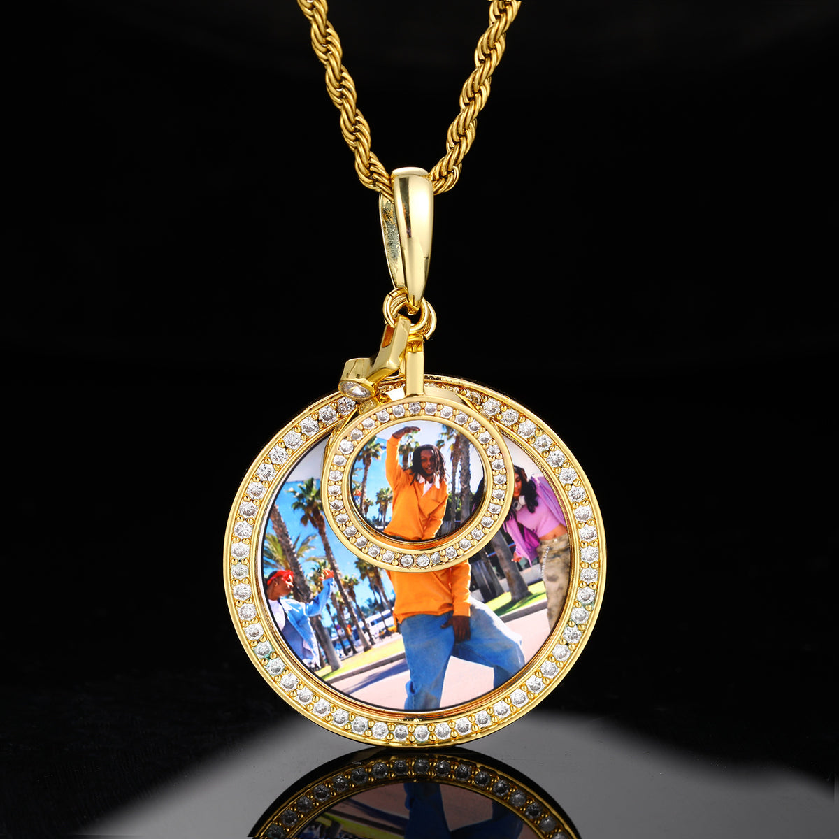 Iced Out Round Photo Pendant Necklace with Rope Chain - Custom Picture Hip Hop Chain in Silver, Gold, or Rose Gold Tone product image