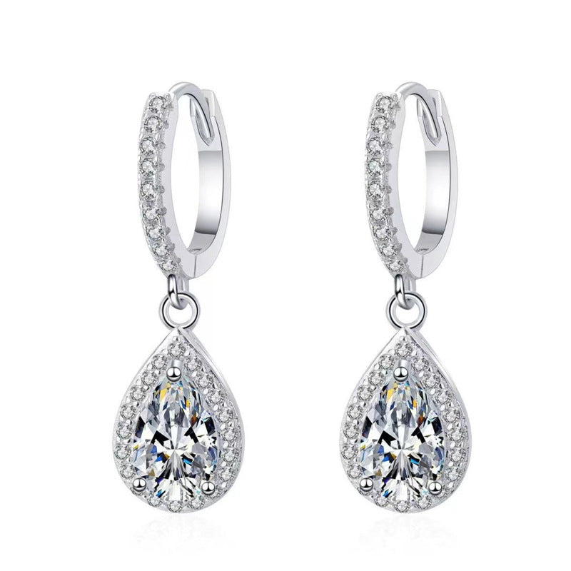 Moissanite Halo Drop Hoop Earrings for Women, Emerald Cut Pear Heart Oval Dangle Earrings product image