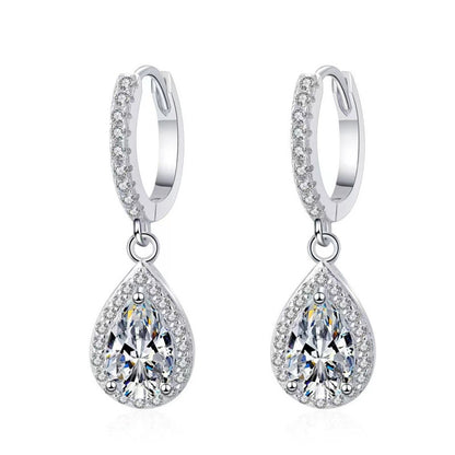 Moissanite Halo Drop Hoop Earrings for Women, Emerald Cut Pear Heart Oval Dangle Earrings