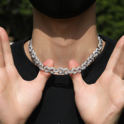 Unisex Silver Tone Cubic Zirconia Circle Link Chain Necklace & Bracelet Set