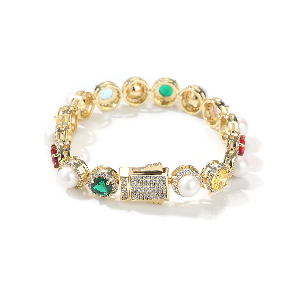 Unisex Pearl & Multicolor Crystal Chain Necklace and Bracelet Set in Gold or Silver Tone