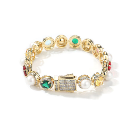 Unisex Pearl & Multicolor Crystal Chain Necklace and Bracelet Set in Gold or Silver Tone