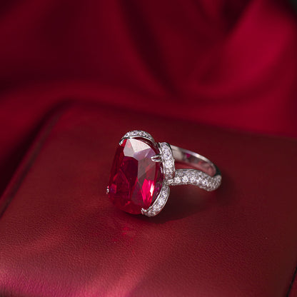 Lab-Created Ruby Cushion Halo Ring, S925 Silver 18K Gold Plated Statement Ring