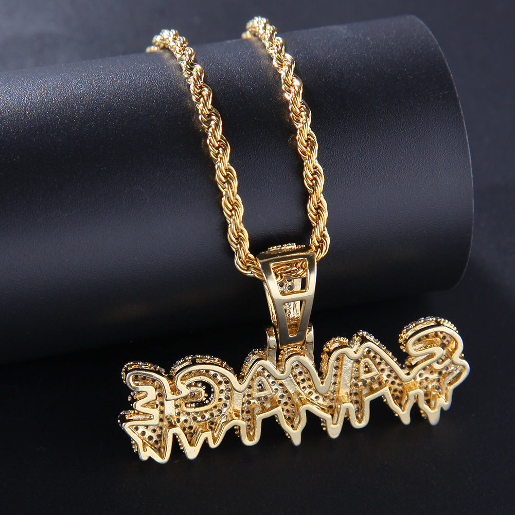 Iced Out English Letter Pendant Necklace for Women and Men, Gold Plated Copper Hip Hop Chain with Cubic Zirconia Statement Charm
