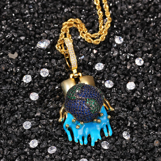 Unisex Dripping Earth Globe Pendant Necklace with Twisted Rope Chain - Gold or Silver Tone, 18/20/24 Inch product image