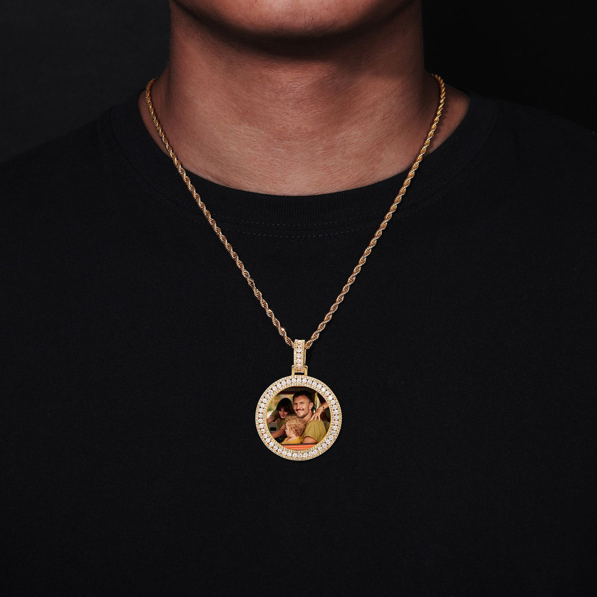 Custom Photo Round Pendant Necklace with Cubic Zirconia Frame and Rope Chain product image