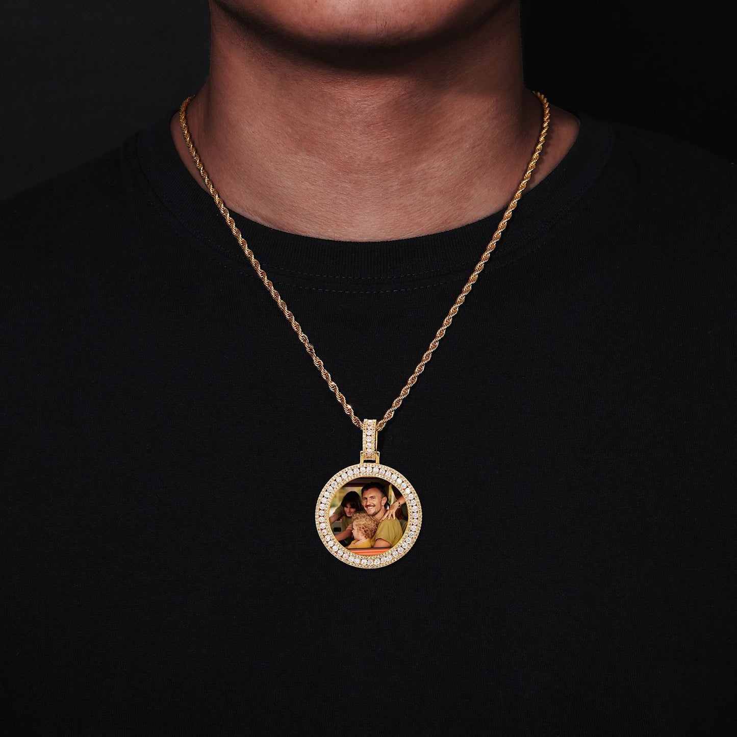 Custom Photo Round Pendant Necklace with Cubic Zirconia Frame and Rope Chain product image