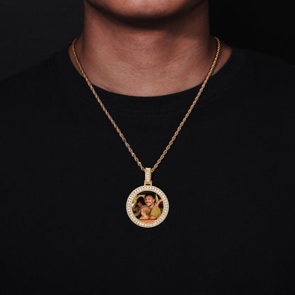 Custom Photo Round Pendant Necklace with Cubic Zirconia Frame and Rope Chain