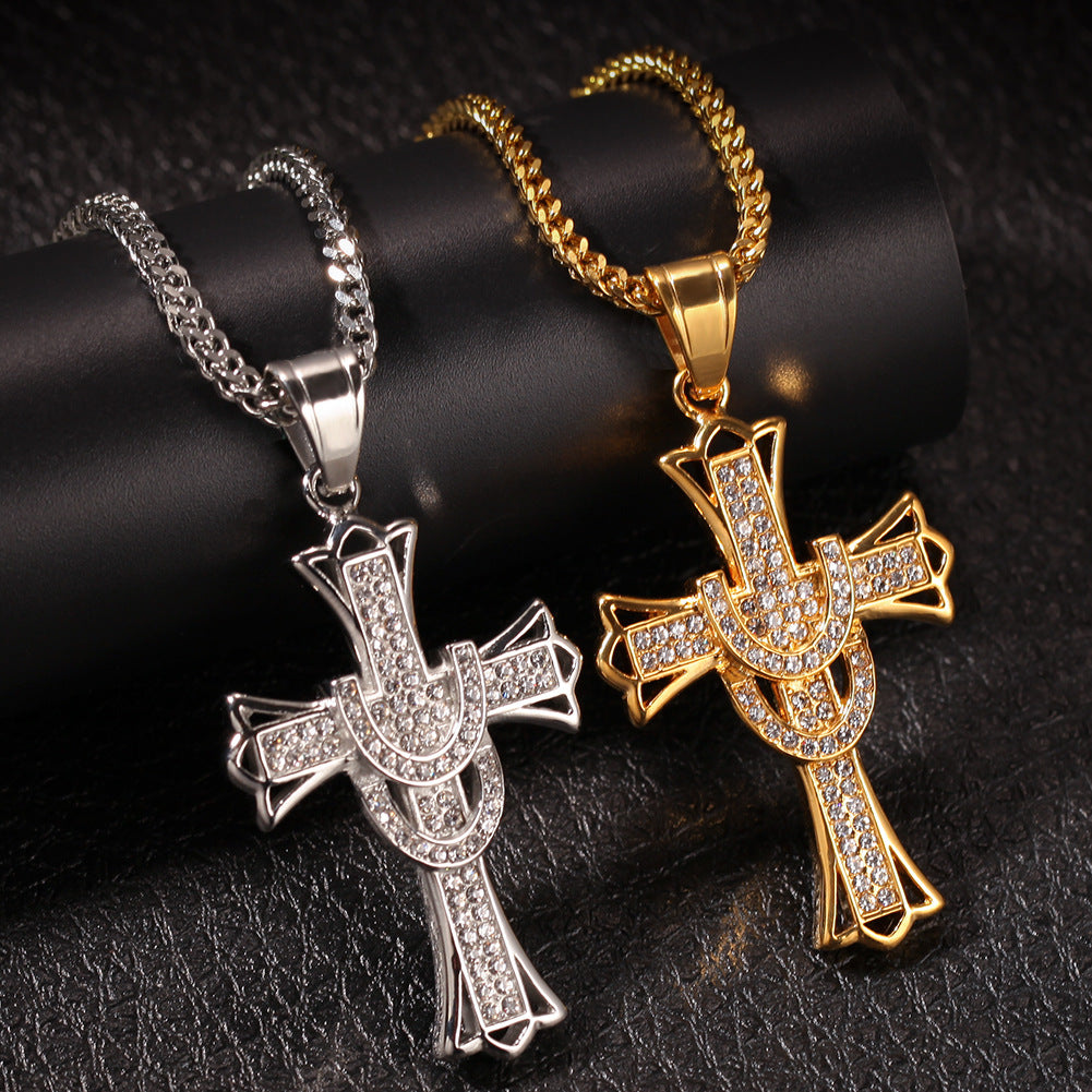 Stainless Steel Cross Pendant Necklace for Women - Gold or Silver Plated Crystal Statement Chain Necklace product image
