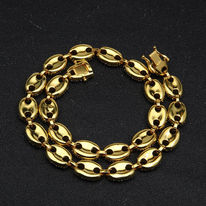 Iced Oval Link Chain Necklace Bracelet Set for Women, Gold Plated or Silver Plated Statement Hip Hop Chain Jewelry