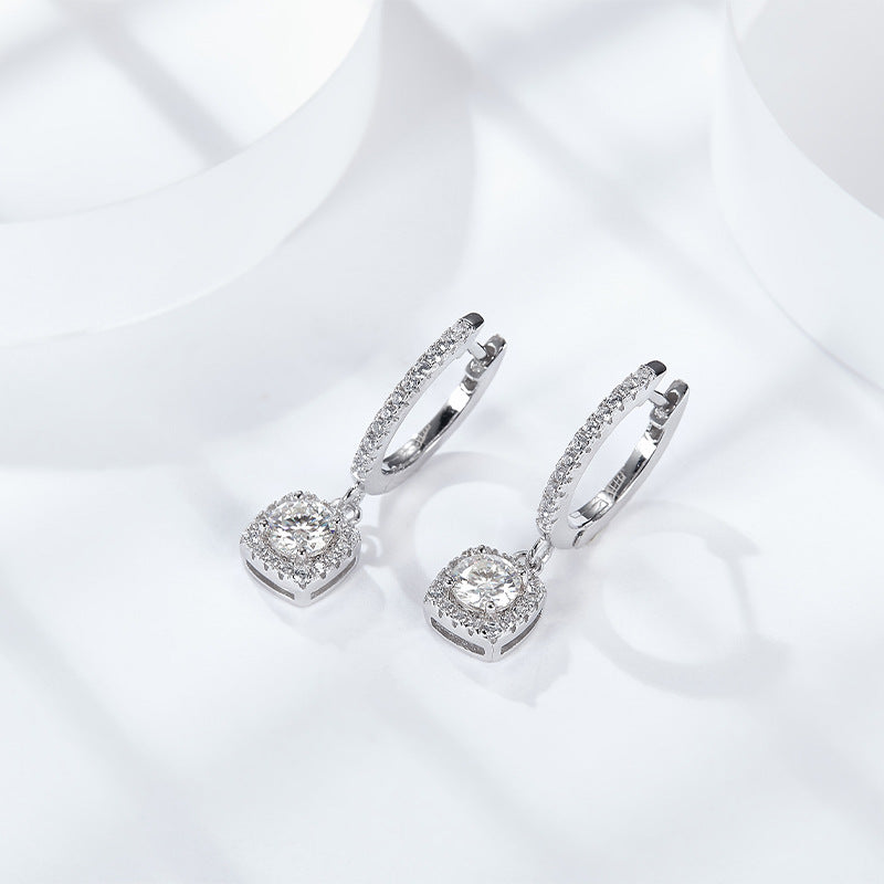 Moissanite Square Halo Drop Earrings for Women, Pavé Huggie Hoop Dangle Style product image