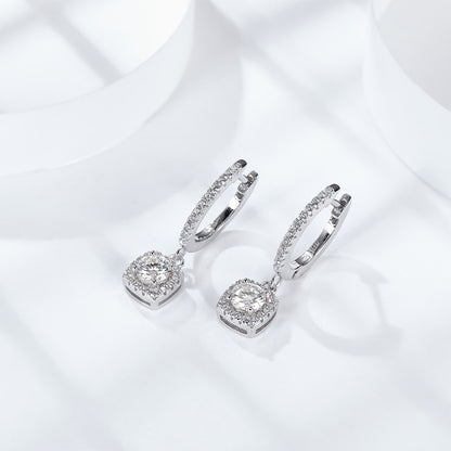 Moissanite Square Halo Drop Earrings for Women, Pavé Huggie Hoop Dangle Style