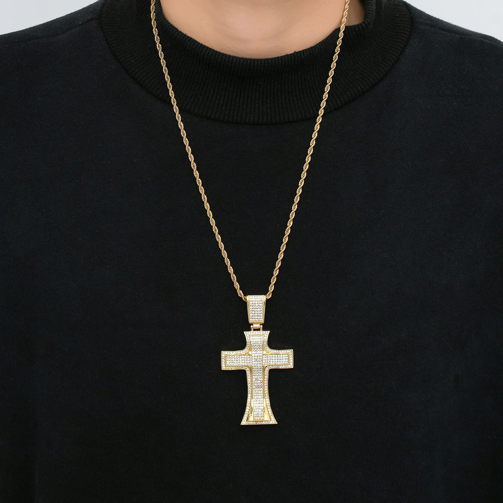 Hip Hop Vintage Cross Diamond Shape Cubic Zirconia Pendant Necklace for Men and Women