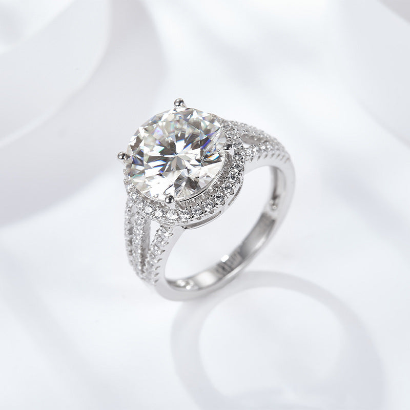5 Carat Round Moissanite Halo Engagement Ring, Split Shank Pavé Style product image
