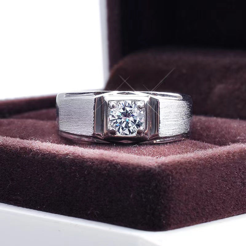 Men’s 1 Carat VVS1 Moissanite Ring in PT950 Platinum Tone, Textured Band Square Set Wedding Ring product image