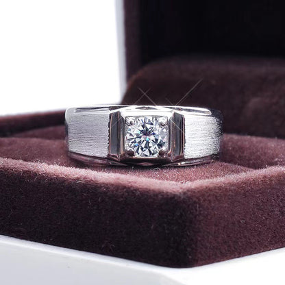 Men’s 1 Carat VVS1 Moissanite Ring in PT950 Platinum Tone, Textured Band Square Set Wedding Ring