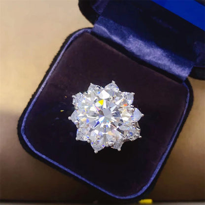 Moissanite Halo Ring for Women, 3 Carat or 10 Carat Flower Cluster Engagement Ring, White-Tone U-Shaped Band