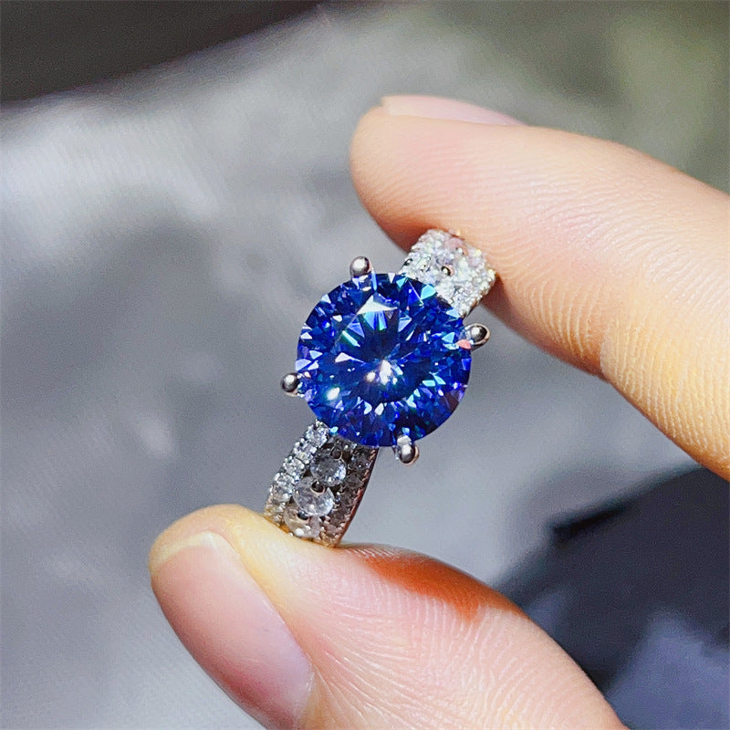 Blue Moissanite Ring for Women, Round Halo-Style Engagement Ring, 2 Carat or 3 Carat Pavé Band product image