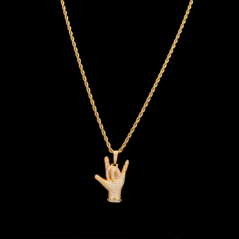 Iced Hand Gesture Pendant Necklace with Cubic Zirconia – Hip Hop Statement Chain for Women & Men
