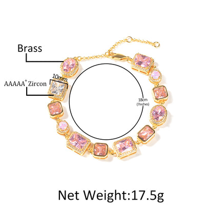 Pink Opal-Inspired Cubic Zirconia Bracelet and Necklace Set for Women & Men, Gold Tone Oval and Rectangle Statement Chain Jewelry