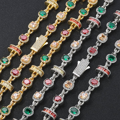 Multicolor Round Halo CZ Link Hip Hop Necklace with Copper Base - CHA344