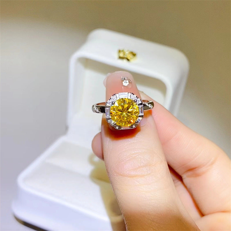 Yellow Moissanite Halo Ring for Women, Round Cut Geometric Engagement Ring, 1 Carat or 2 Carat product image