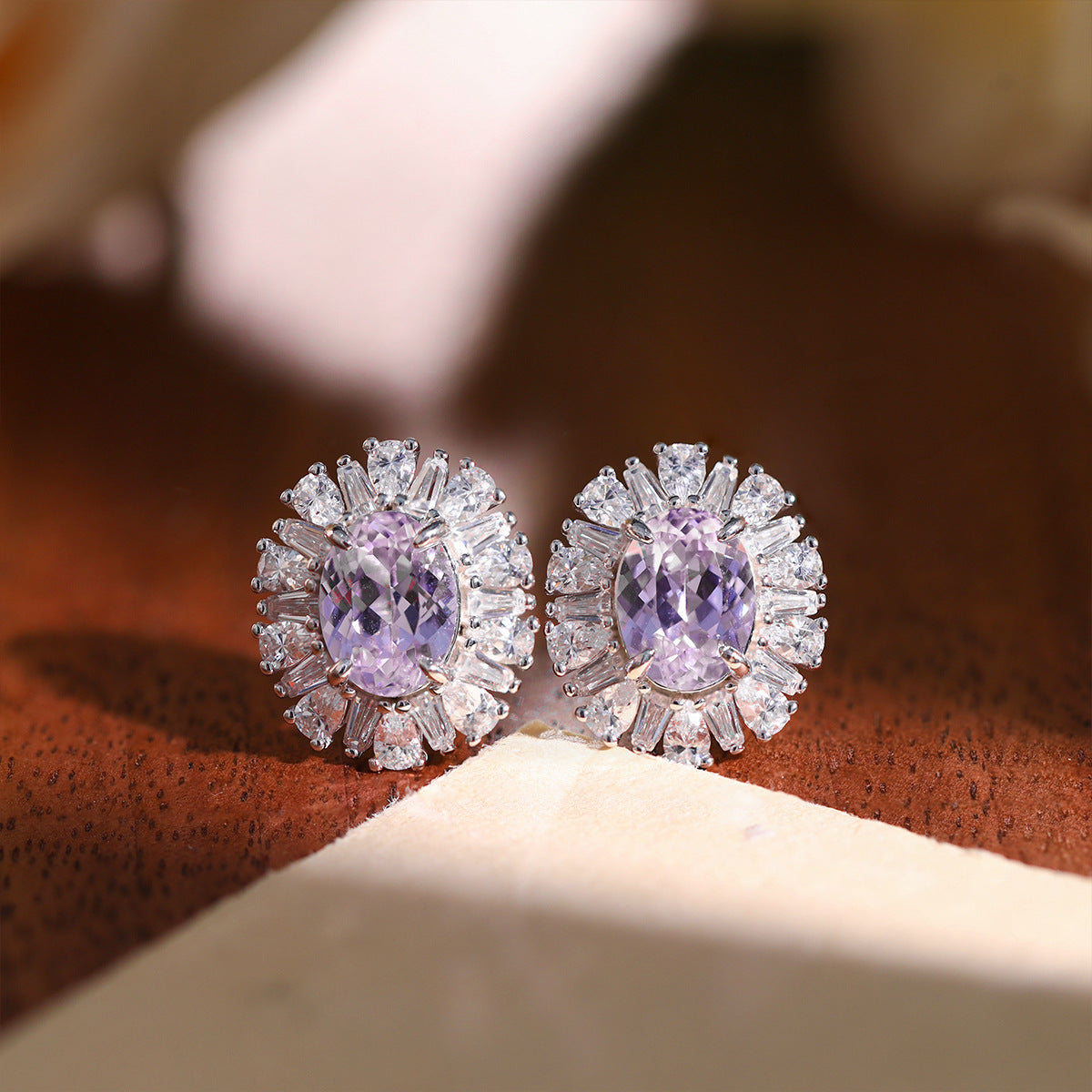 925 Silver Lab-Grown Purple Oval Halo Jewelry Set, Necklace Ring Stud Earrings product image