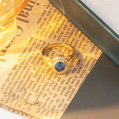 Vintage Blue Oval Halo Ring, 18K Gold Tone Closed-Band Ring for Women