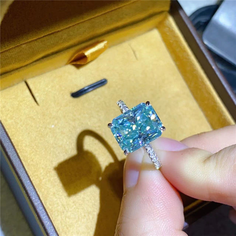 Mint Green Moissanite Ring for Women, Elongated Rectangular Stone Engagement Ring, Pave Band Promise Ring, 1 Carat 2 Carat 3 Carat 5 Carat product image
