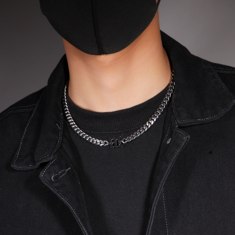 Unisex Stainless Steel Cuban Chain Necklace with Polished Letter Pendant - Hip Hop Statement Chain