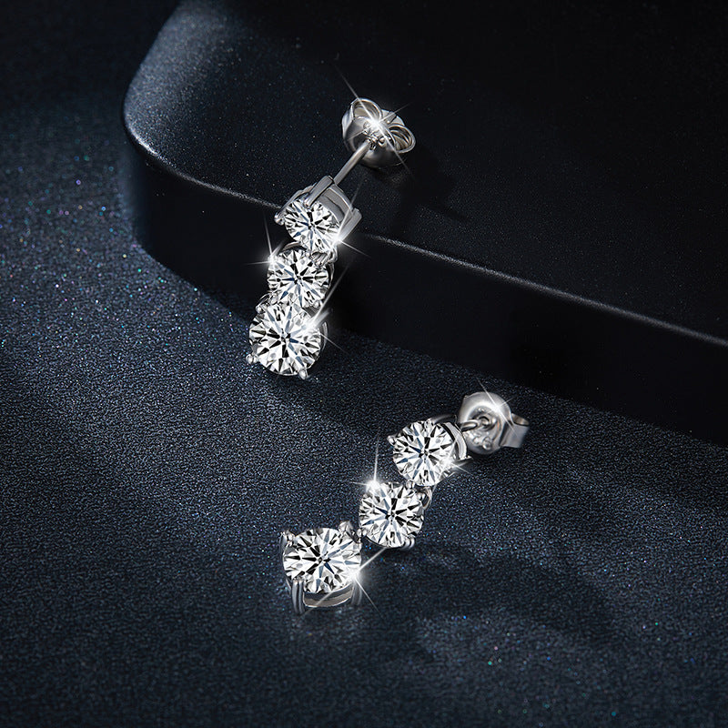 925 Silver Moissanite Three-Stone Drop Earrings, 6.0mm Prong-Set Stud Design product image