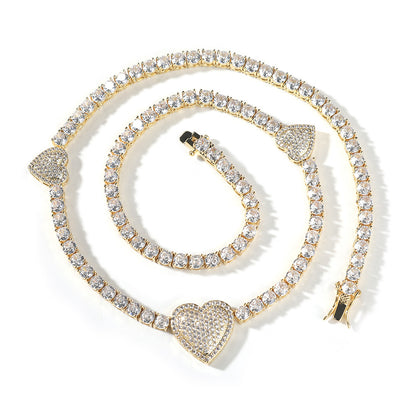 Unisex Heart Pendant Cubic Zirconia Tennis Chain Necklace in Gold or Silver, 16/18/20 Inch Statement Jewelry
