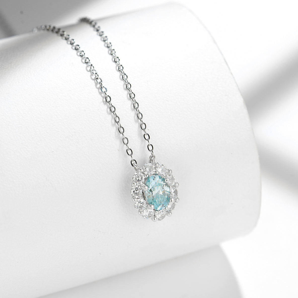 Aqua Blue Moissanite Oval Halo Pendant Necklace for Women, S925 Silver, 18K Gold Plated product image