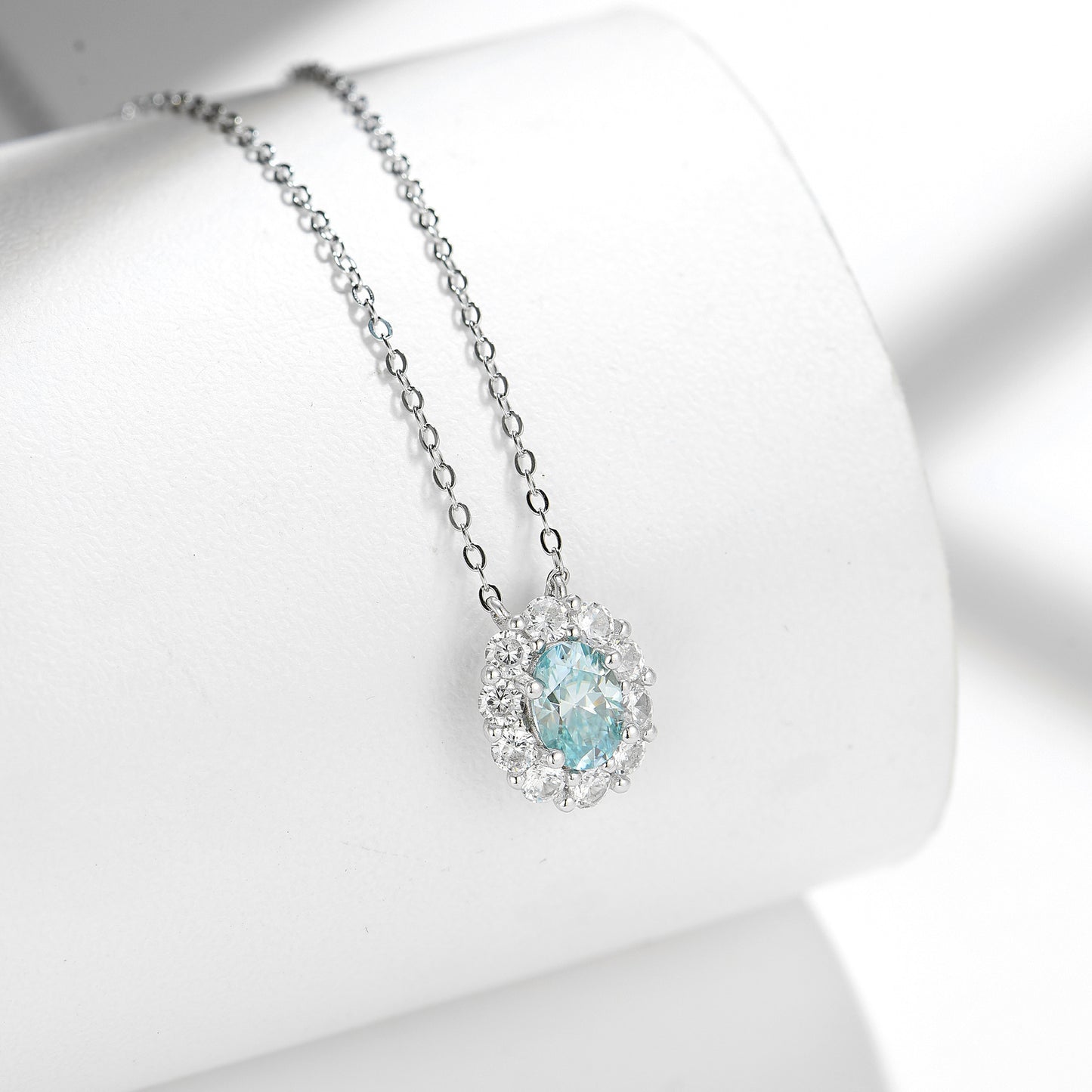 Aqua Blue Moissanite Oval Halo Pendant Necklace for Women, S925 Silver, 18K Gold Plated product image