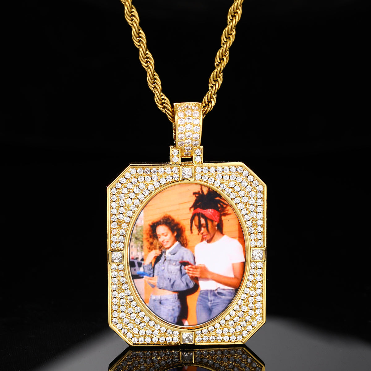 Iced Out Photo Pendant Necklace for Men and Women, Geometric Cuban Link Chain, Cubic Zirconia Hip Hop Jewelry product image